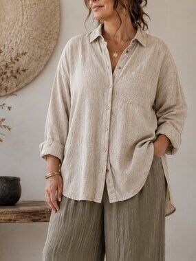 Oversized Linen Blend Boyfriend Shirt Natural Beige 2X Hi-Low Lagenlook Old Navy